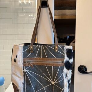 Myra Bag Black and Brown Geometric/Cow hide tote